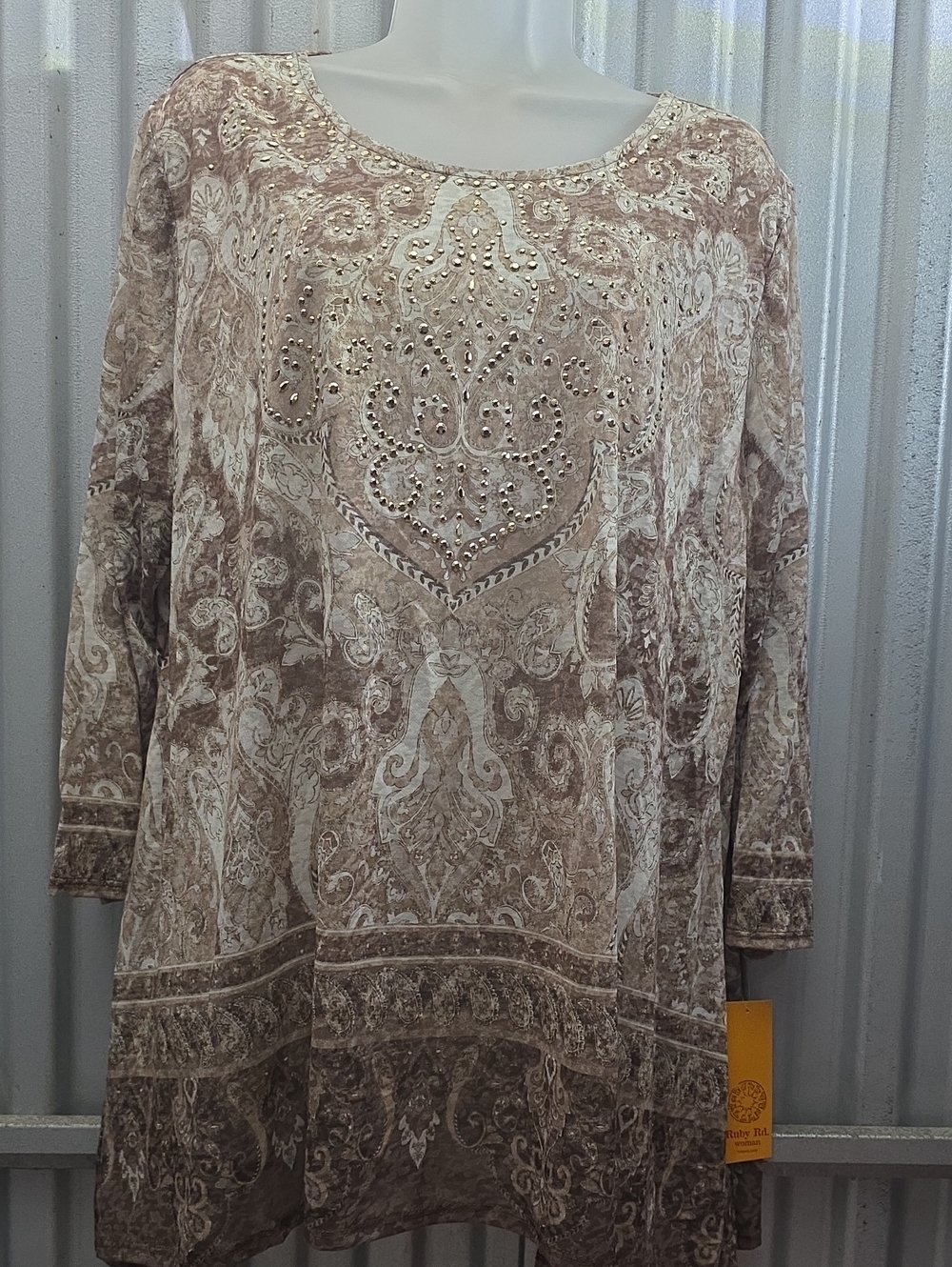 Ruby Rd. Paisley Beaded Top - Taupe & Cream